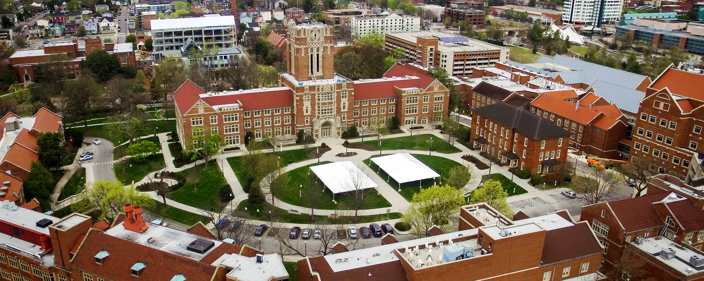 Overhead view of campus centered on Ayres Hall
