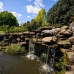 Water falls from mini waterfall into a pond.